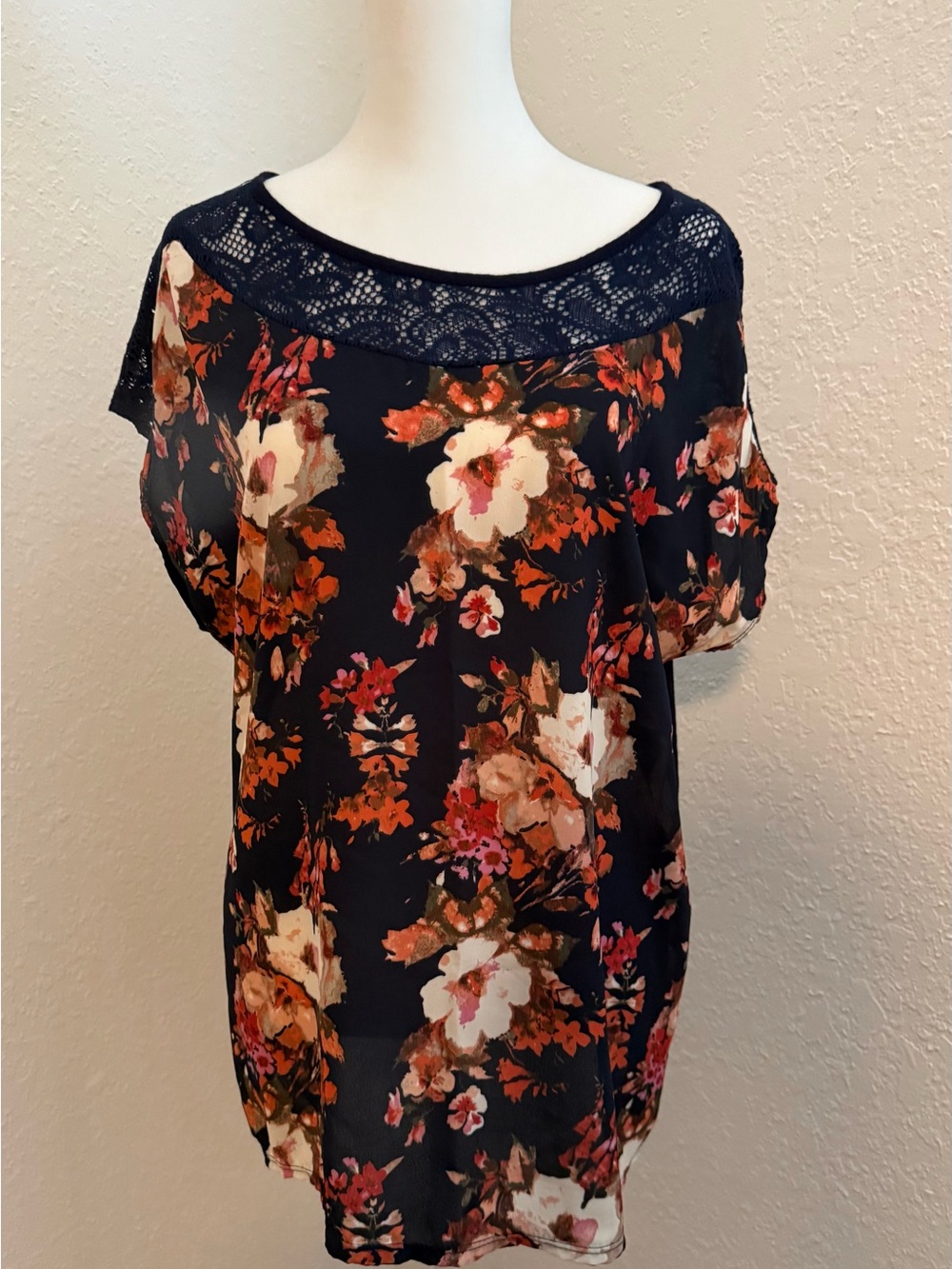 Carol Rose Navy Floral Blouse with Lace Yoke